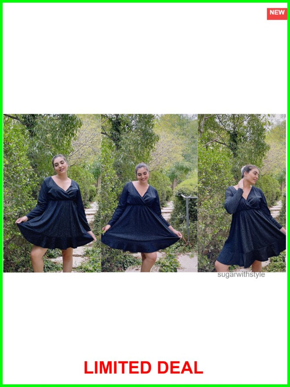 Plus Size Glitter Long Sleeve V Neck Ruffle Hem Swing Club Cocktail Party Dress - Picture 4 of 5